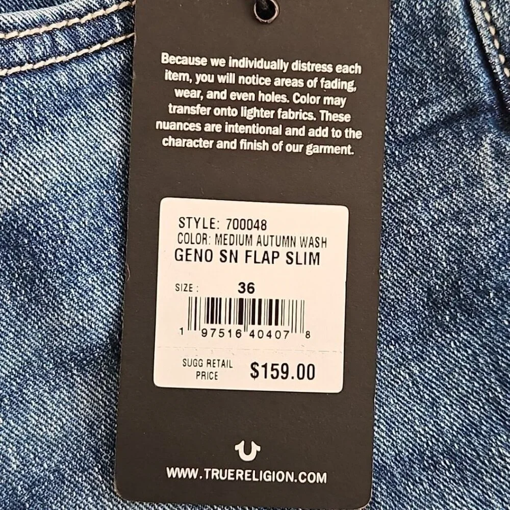 True Religion Geno Big T Flap Jeans Men's 36x32 Med Wash‎ Relaxed Slim NWT NEW